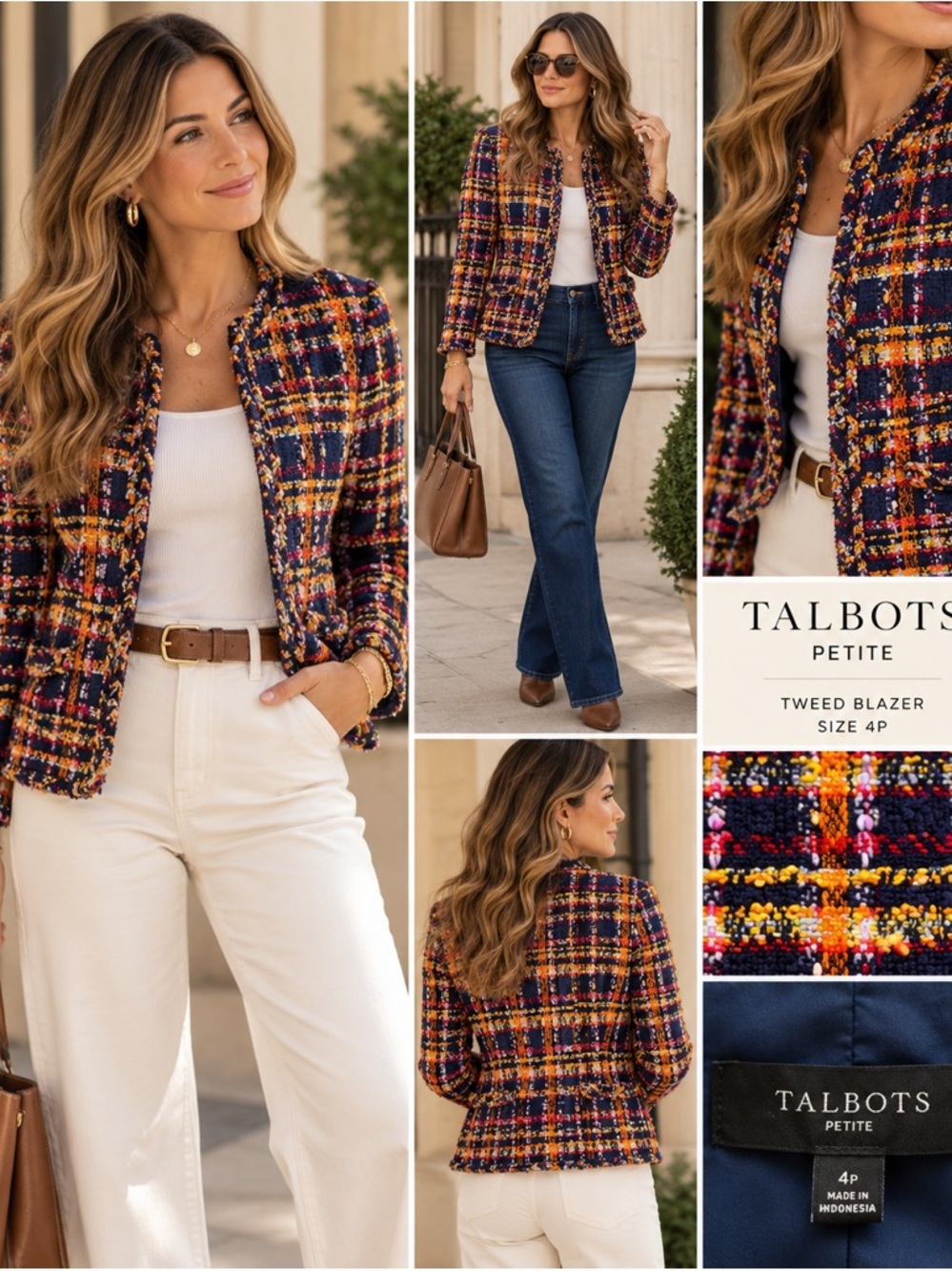 Talbots Petite Multicolor Tweed Bouclé Jacket Blazer Navy Orange Size 4P